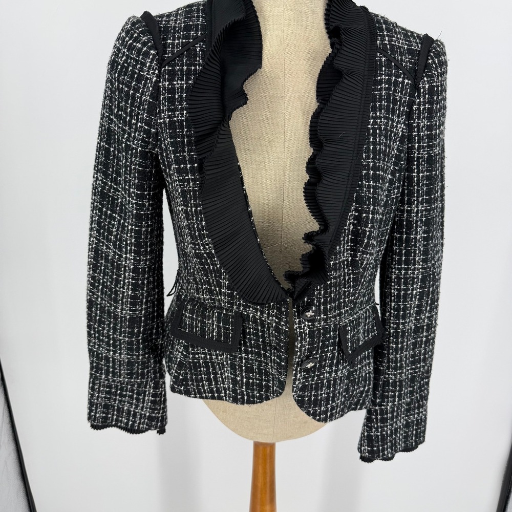 White House Black Market Tweed Blazer Womens 6 Black Ruffle Peplum Jacket